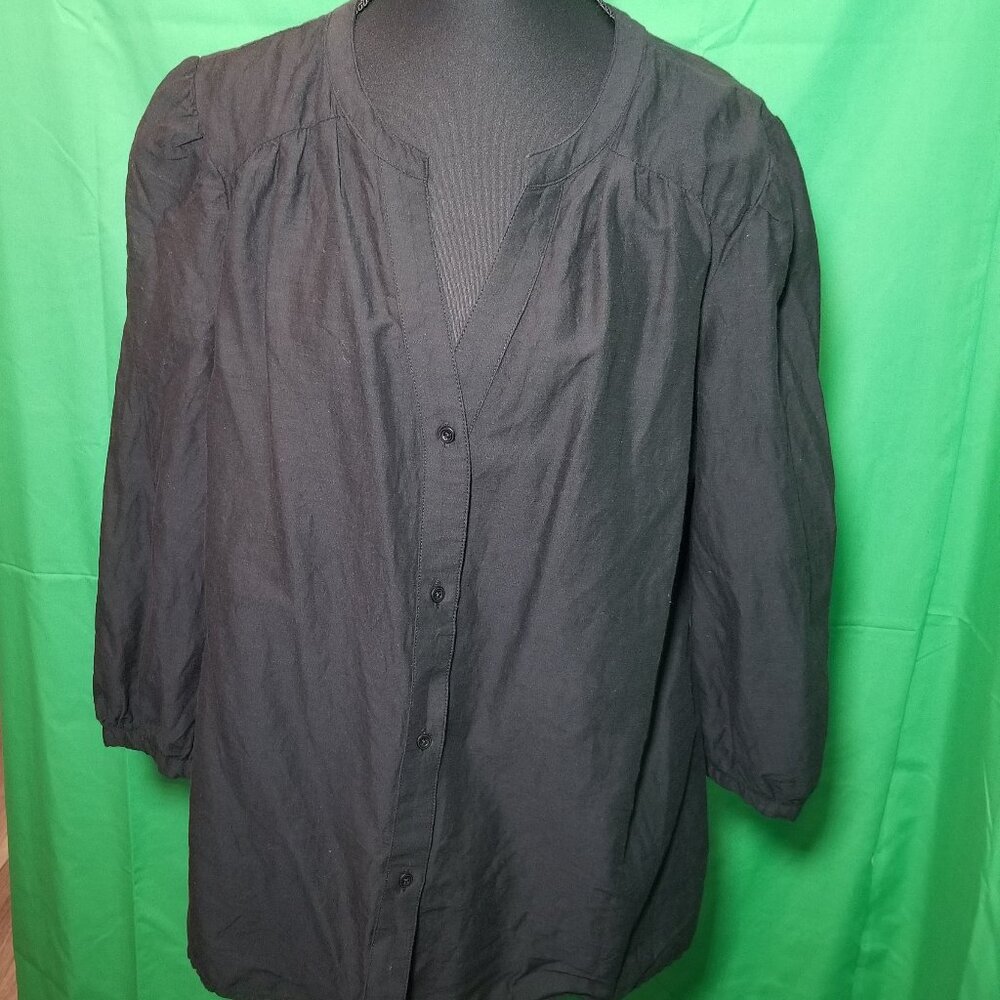 Knox‎ Rose Womens XL 3/4 Sleeve V-Neck Button Up Band Collar Blouse Black Retro